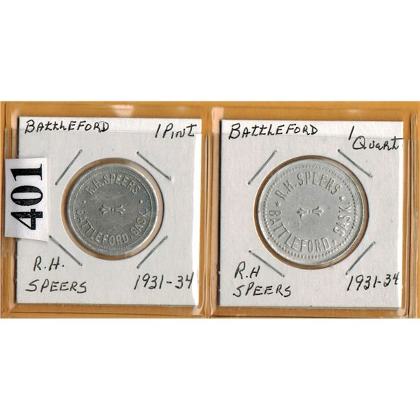 BATTLEFORD DAIRY TOKENS - R.H. SPEERS - PINT & QUART - Used from 1931 to 1934