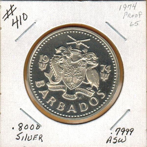 1974 BARBADOS PROOF SILVER $5.00 DOLLARS - .800 Silver - .7999 OZ Actual Silver Weight