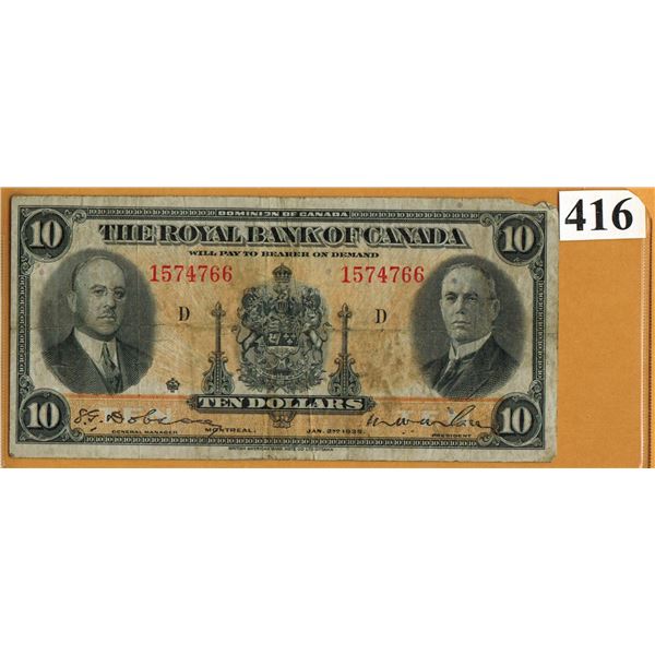 1935 ROYAL BANK of CANADA $10.00 BANKNOTE - Ser. # 1574766 - Fine Condition