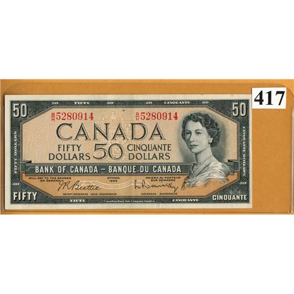 1954 CANADIAN $50 BANKNOTE - Ser.  # B/H 5280914    -  AU Condition