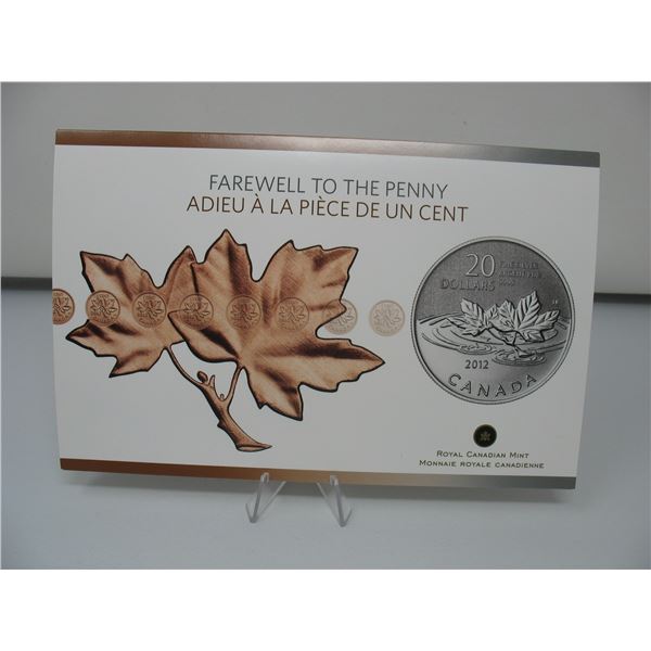 2012 CANADIAN  .9999 SILVER $20 MINT COIN - FAREWELL TO THE PENNY with Folder