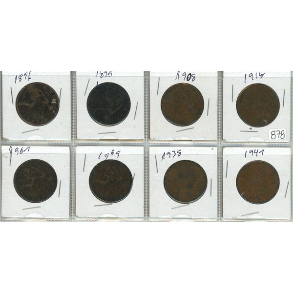 Lot of 8 large pennies - 1896, 1899, 1907, 1908, 1909, 1915, 1938, 1947
