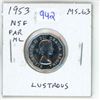 Image 1 : 1953 No Shoulder Fold, Far Maple Leaf Canadian 5 Cents. MS-63. Lustrous.