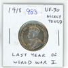 Image 1 : 1918 Canadian Silver 25 Cents. Last year of World War I. VF-30. Nicely Toned.