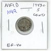 Image 1 : Newfoundland. 1943c Silver 5 Cents. Minted in Ottawa because of World War II. EF-40.