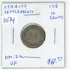 Image 1 : Straits Settlements. 1918 10 Cents. Silver. Last year of World War I. VF.