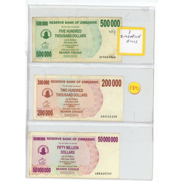 3 zimbabwe bills -$5000,000, $200,000 and $1,000,000