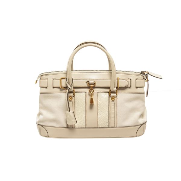 Gucci White Leather Lock Shoulder Bag