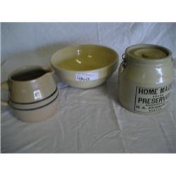 Pottery bowl, pitcher and jar.