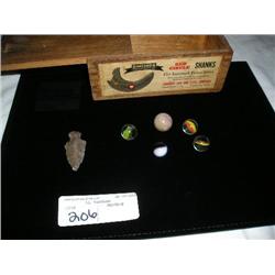 Arrowhead, marbles and wood box