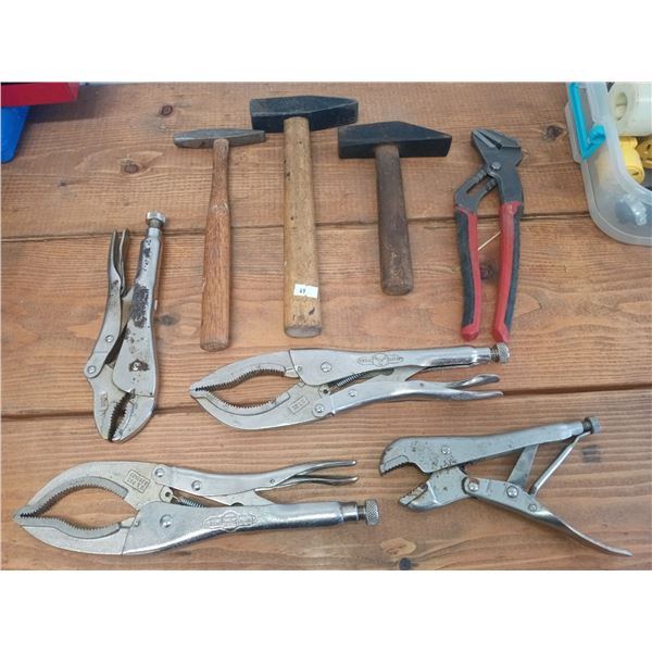 Assortment Of Vice Grips And Metal Working Hammers