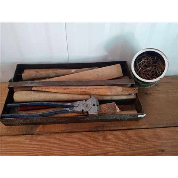Wooden Handles, Staples, And A Fence Tool