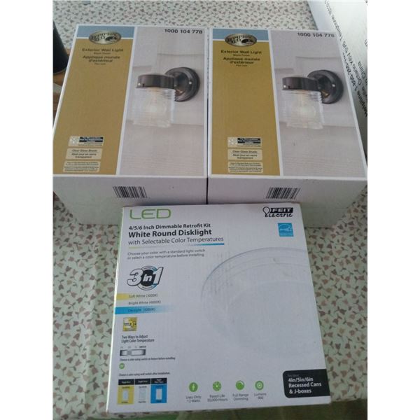 2 x Hampton Bay Exterior Wall Lights And Feit LED Disc Light
