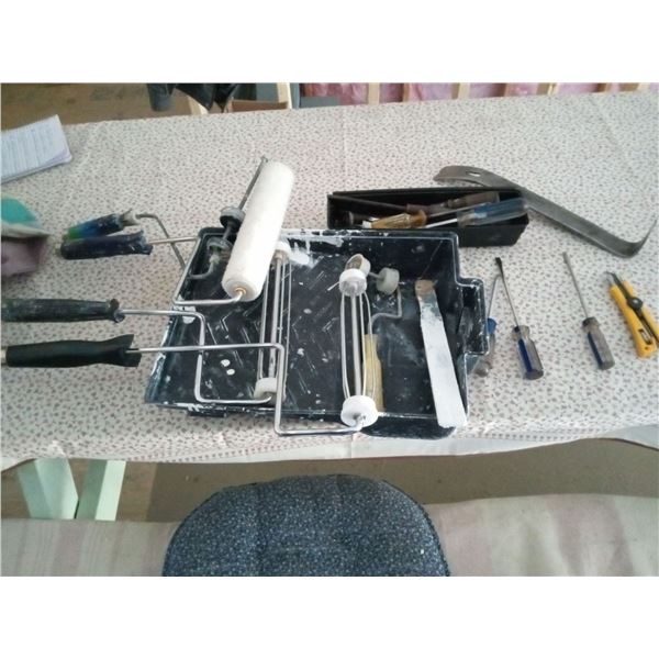 Assortment Of Painting Supplies And Hand Held Tools