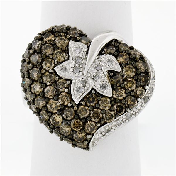 10k White Gold 3.10 ctw Brown and White Diamond Leaf Heart Cluster Ring