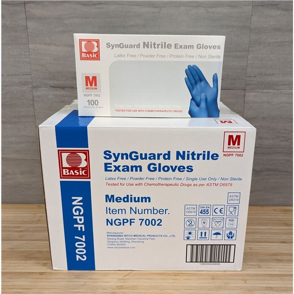 Synguard Nitrile Powder Free Blue Exam Gloves, Size Medium - Lot of 1000