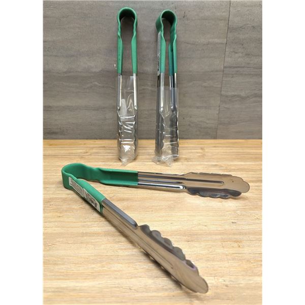 9" Stainless Spring Tongs, Green - Lot of 3 &ARS-61/CC3