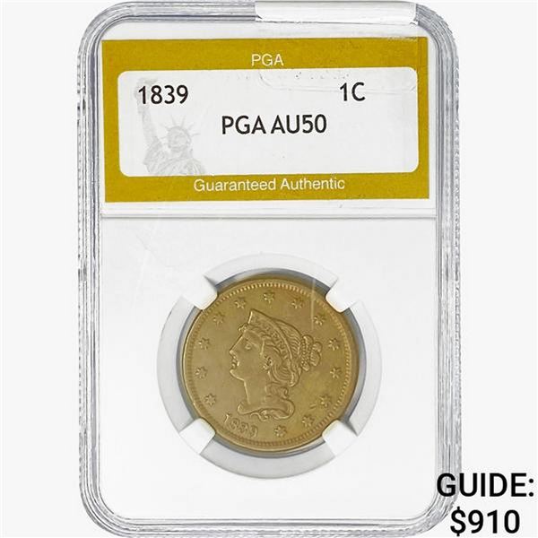 1839 Coronet Head Large Cent PGA AU50