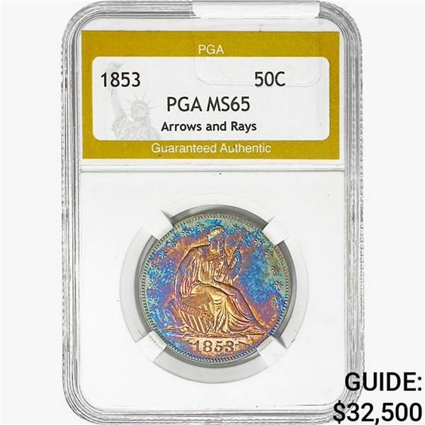 1853 Seated Liberty Half Dollar PGA MS65 Arws&Rays