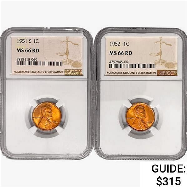 [2] 1951-1952 Wheat Cent NGC MS66 RD