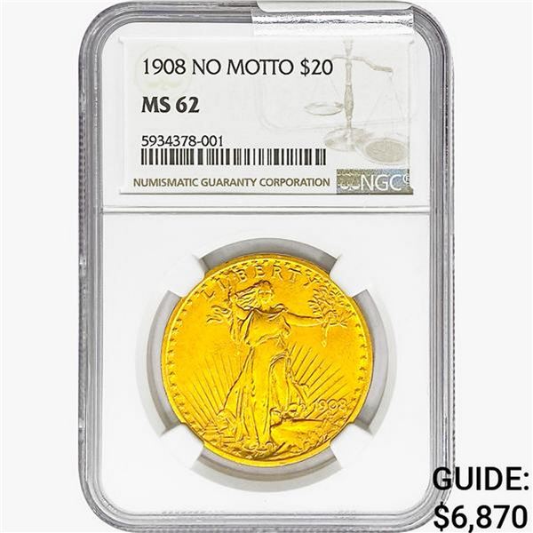 1908 $20 Gold Double Eagle NGC MS62 No Motto