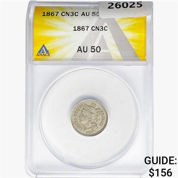 1867 Nickel Three Cent ANACS AU50