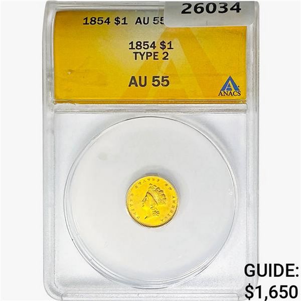 1854 Rare Gold Dollar ANACS AU55 Type 2