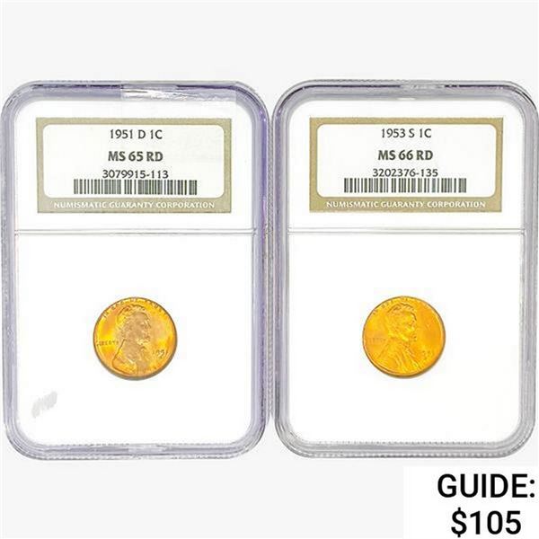 [2] Wheat Cents NGC MS65-66 RD [1951-D, 1953-S]