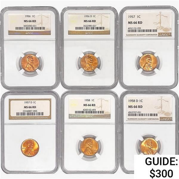 [6] US Wheat Cents NGC MS66 RD [1856, 1856-D, 1957