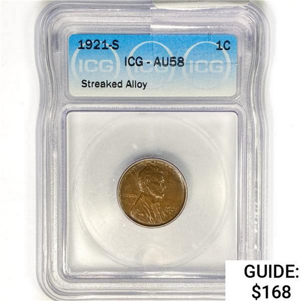 1921-S Wheat Cent ICG AU58 Streaked Alloy