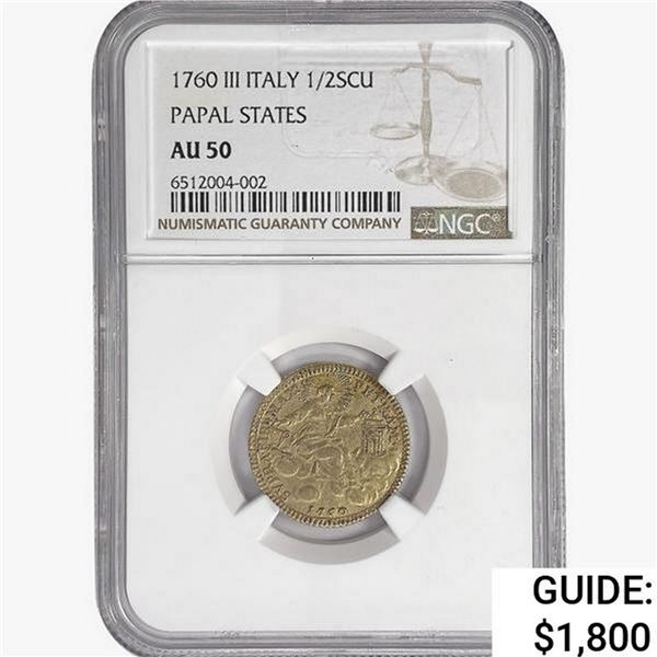1760 III 1/2SCU Italy Papal States Gold NGC AU50