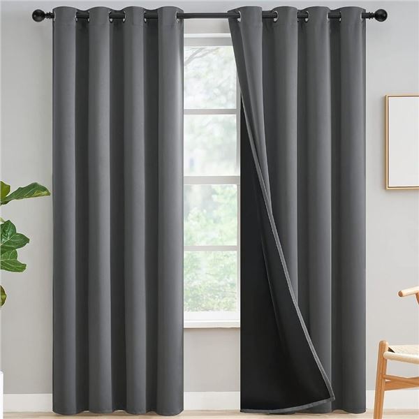 Yakamok 100% Blackout Curtains for Bedroom 84 Inch Length, Grey Full Light Blocking Drapes with Blac