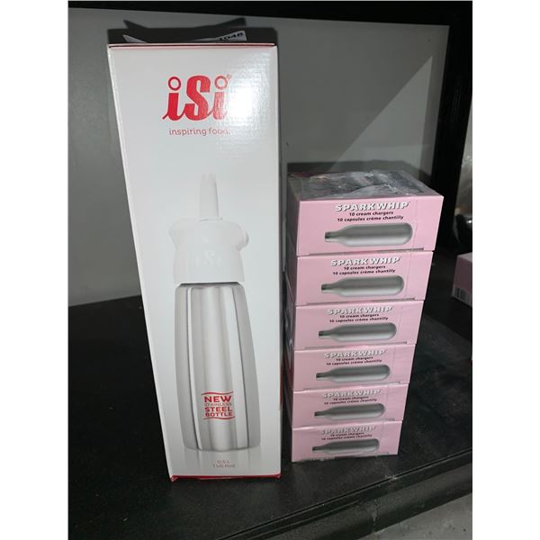 Lot of iSi whip cream dispenser with 60 spark whip replacement cartridges