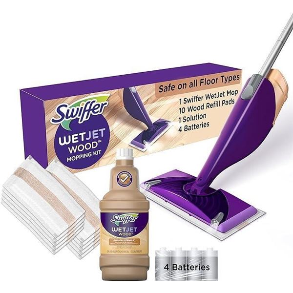 Swiffer PowerMop Wood Mop Kit for Wood Floor Cleaning, Quick Dry Solution with Lemon Scent, Mopping 