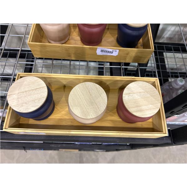 Lot of 3 assorted scented candles with wooden box