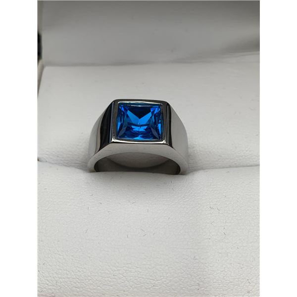 Bestyle Silver Mens Ring Blue topaz Emerald Cut solitaire NEW in gift box