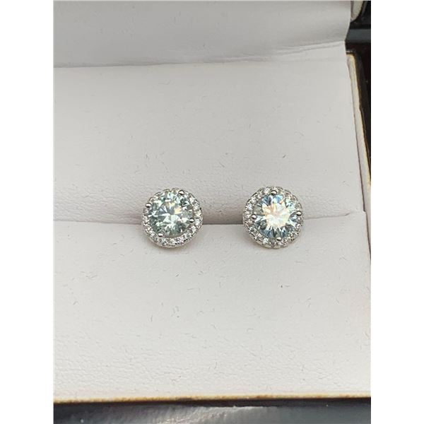 2.30 CT TW GRA CERTIFIED MOISSANITE VVS D COLOR SET IN STERLING SILVER EARRINGS WITH ROUND HALO SURR