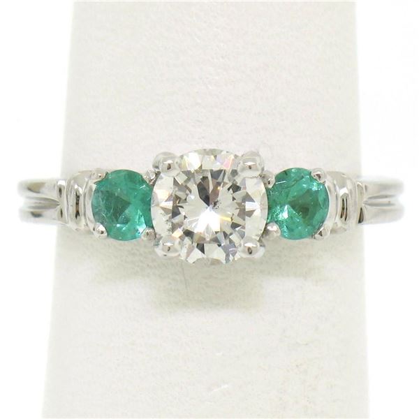 Classic Platinum 1.15 ctw GIA Round Brilliant Diamond & Emerald 3 Stone Ring