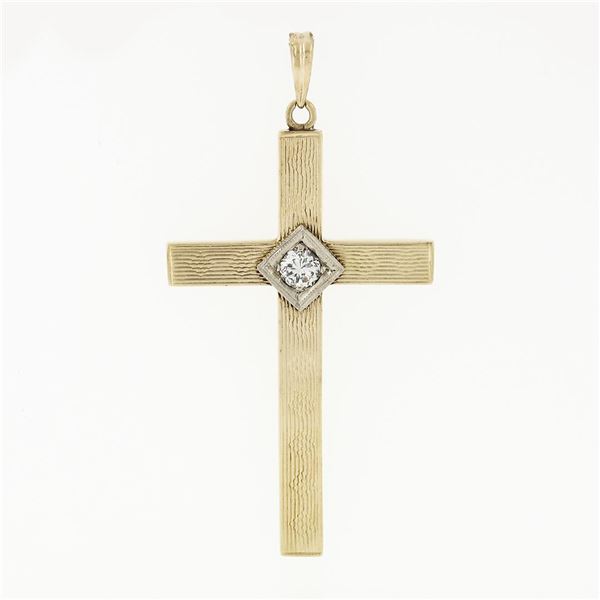 Antique Art Nouveau 14k TT Gold 0.16 ctw Diamond Grooved Textured Cross Pendant