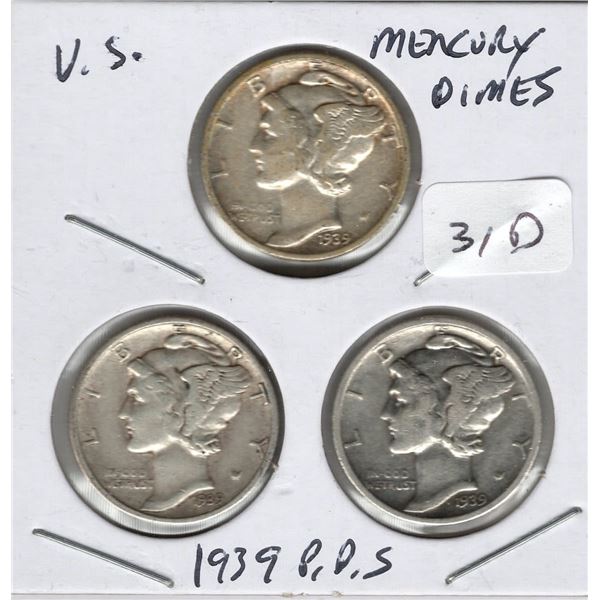 1939 P, D, S Mercury Dime Set