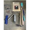 Image 2 : TOTE OF GARDEN ITEMS, AXE HANDLE, PICK AX, ETC