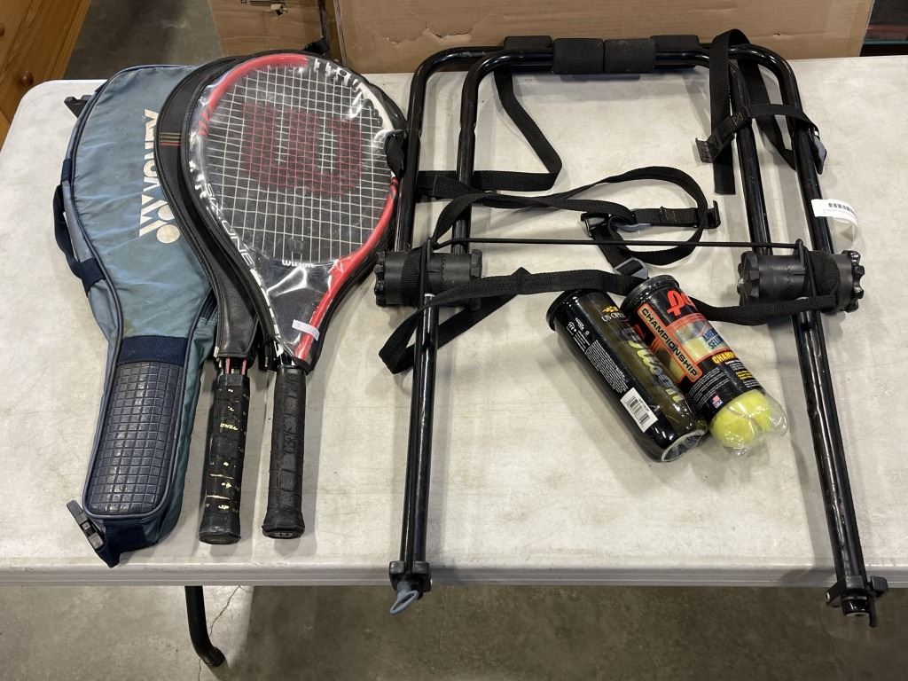 BIKE RACK, TENNIS RACQUETS, AND BALLS