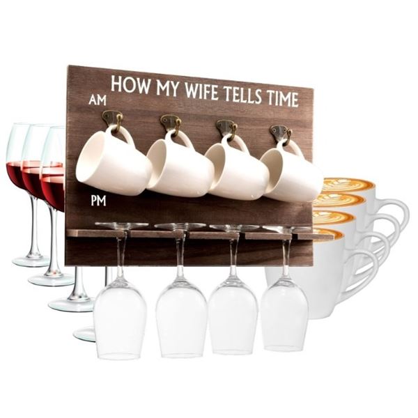 NEW WINE RACK WITH 4 WINE GLASSES AND 4 MUGS - HOW MY WIFE TELLS TIME, RETAIL $74