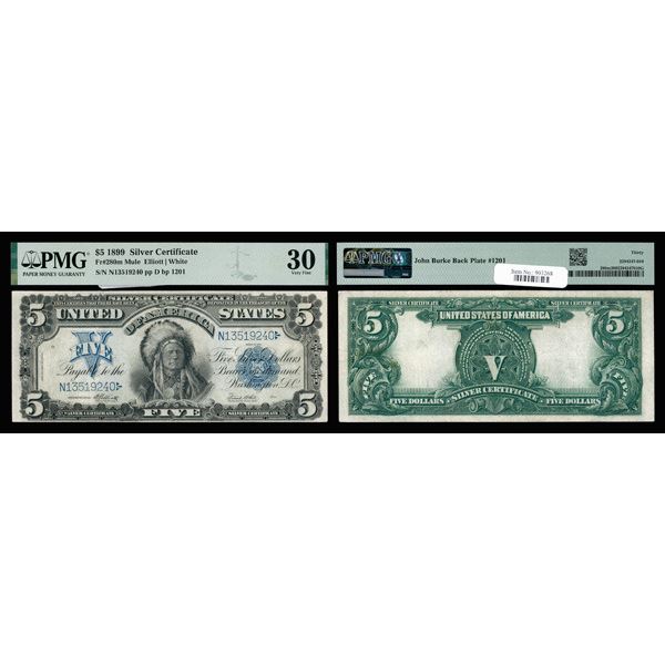 1899, $5 Silver Certificate, mule with John Burke Back Plate, PMG Very Fine 30 (Fr-280m),