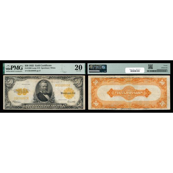 1922, $50 Gold Certificate, PMG Very Fine 20 (Fr-1200),