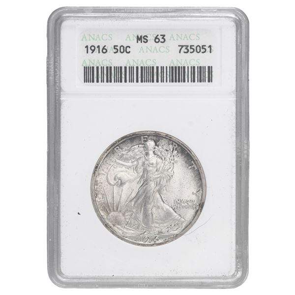 1916 Walking Liberty Half Dollar, ANACS MS 63,