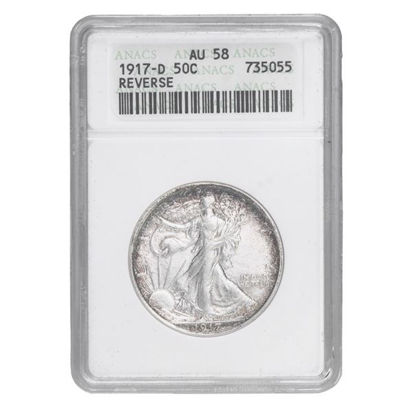 1917-D Walking Liberty Half Dollar. Mint mark on reverse, ANACS AU 58,