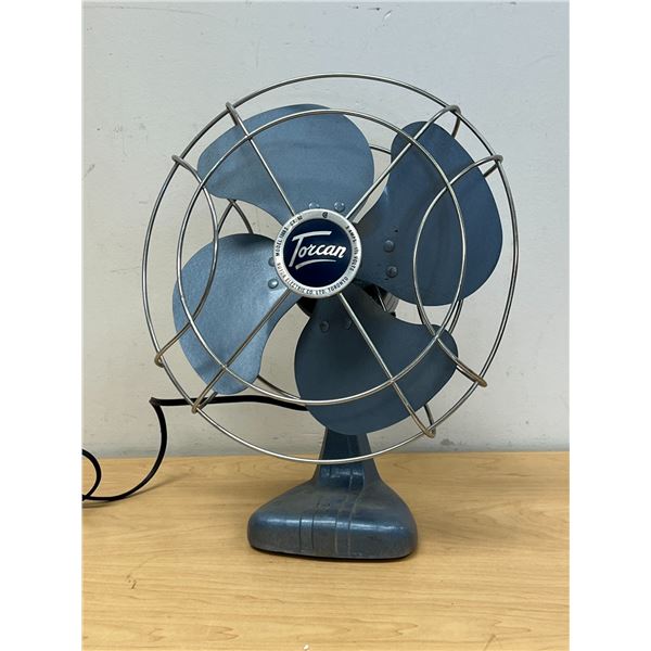 Vintage Blue Torcan Industrial Metal Desk Fan - Single Speed, working - Approx: 14.5"T 11"W
