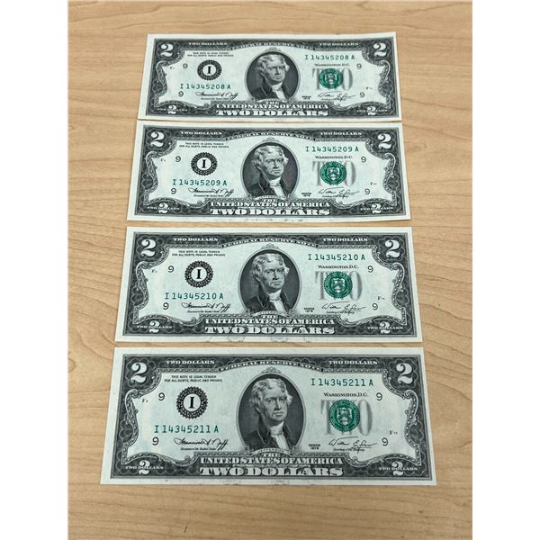 (4) 1976 Consecutive Serial #s USA Bicentennial $2 Bank Notes Bills - see all photos
