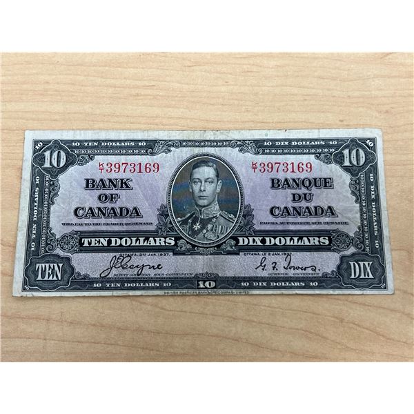 1937 Bank of Canada Ten 10 Dollar Bank Note Bill $10 - see all photos